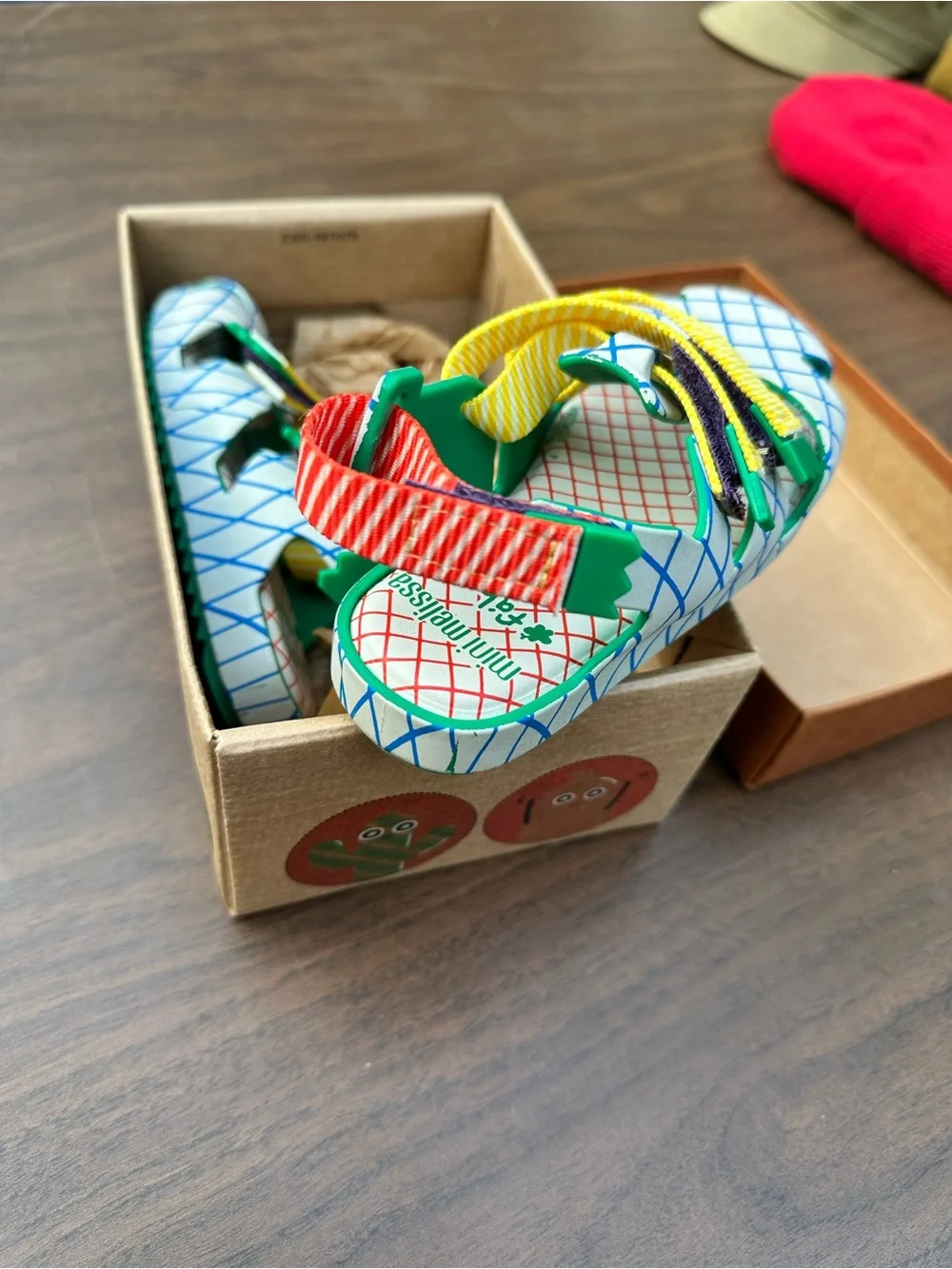 Mini Melissa White Grid Sandals with Yellow, Green & Red Accents
